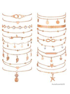 16 Pcs Ankle Bracelets Set Alloy Plated Waterproof Beach Chain Boho Stackable